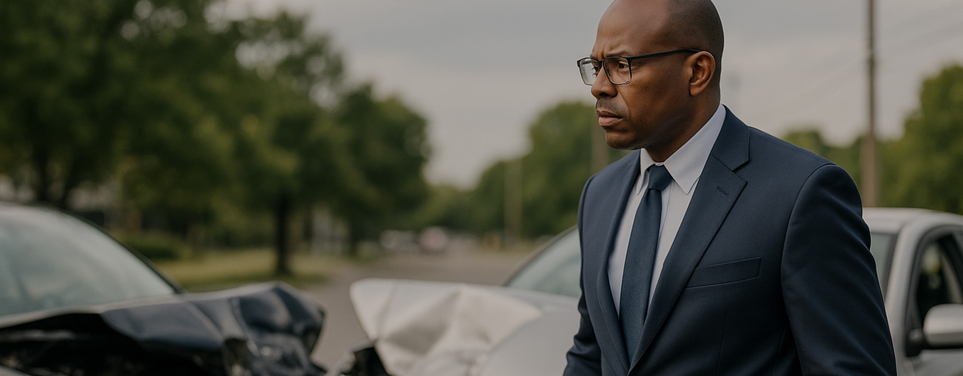 auto-accident-attorneys-in-charlotte-and-kinston-north-carolina A professional African American man in a navy blue suit stands near the scene of a serious two-car collision on a suburban street, holding a folder and looking concerned as he assesses the damage.
