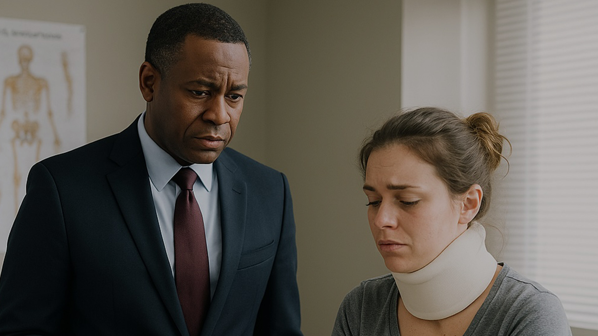 the-emory-law-firm-slide-2 An African American male attorney in a dark suit stands beside a seated woman wearing a cervical neck brace and wrist bandage in a medical examination room. The woman looks distressed while the lawyer observes her with concern, holding a leather portfolio.