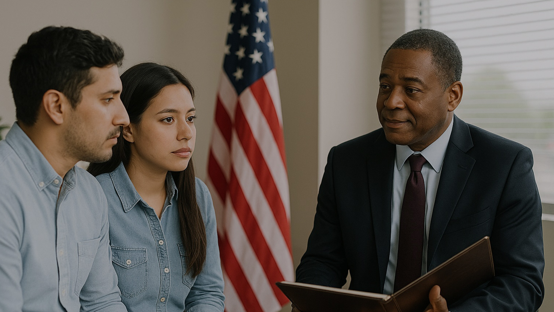 the-emory-law-firm-slide-3 An African American male immigration attorney in a dark suit sits across from a young Latina woman and a young Hispanic man in an office. The attorney holds a leather portfolio and smiles warmly while the couple listens attentively. An American flag and window blinds are visible in the background.
