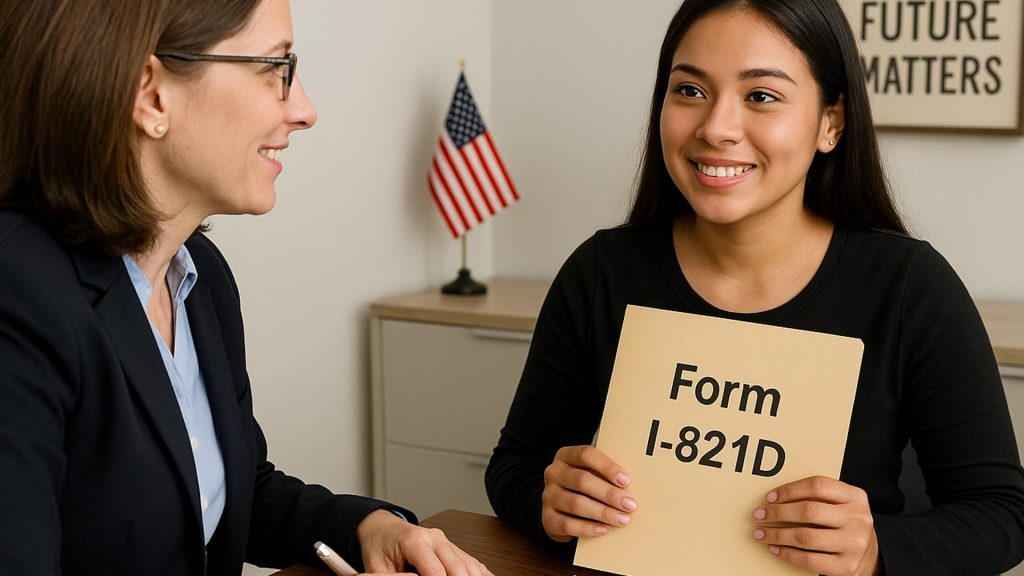 daca-lawyer-kinston-nc Immigration lawyer assisting a young DACA recipient with renewal paperwork in a Charlotte or Kinston, NC law office, emphasizing hope and legal protection.