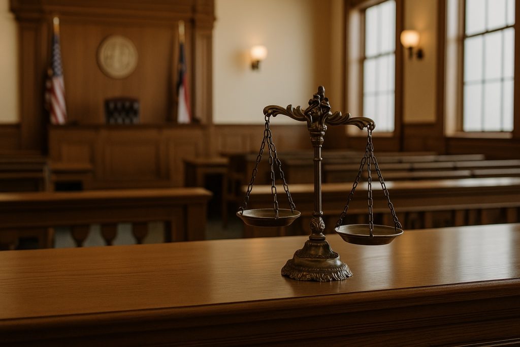 north-carolina-courtroom Empty courtroom with focus on a bronze scale of justice placed on a wooden desk, with judge’s bench and gallery seating in the background.